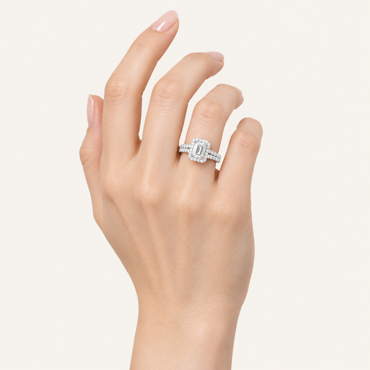 1.78 CT Emerald Cut Lab Grown Diamond Halo Bridal Set
