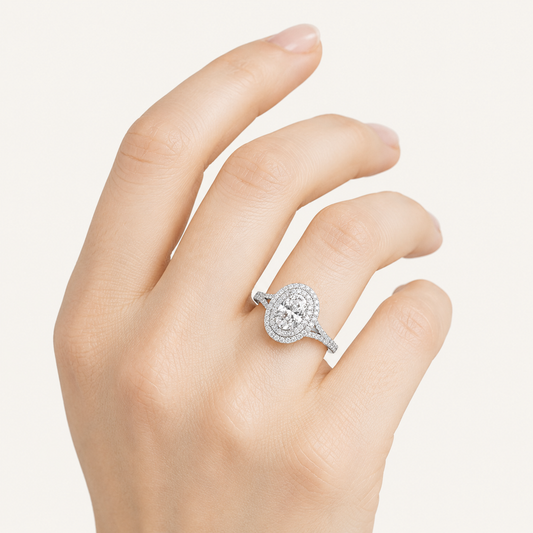 2CT Oval Cut Lab Grown Diamond Double Halo Side Stone Ring