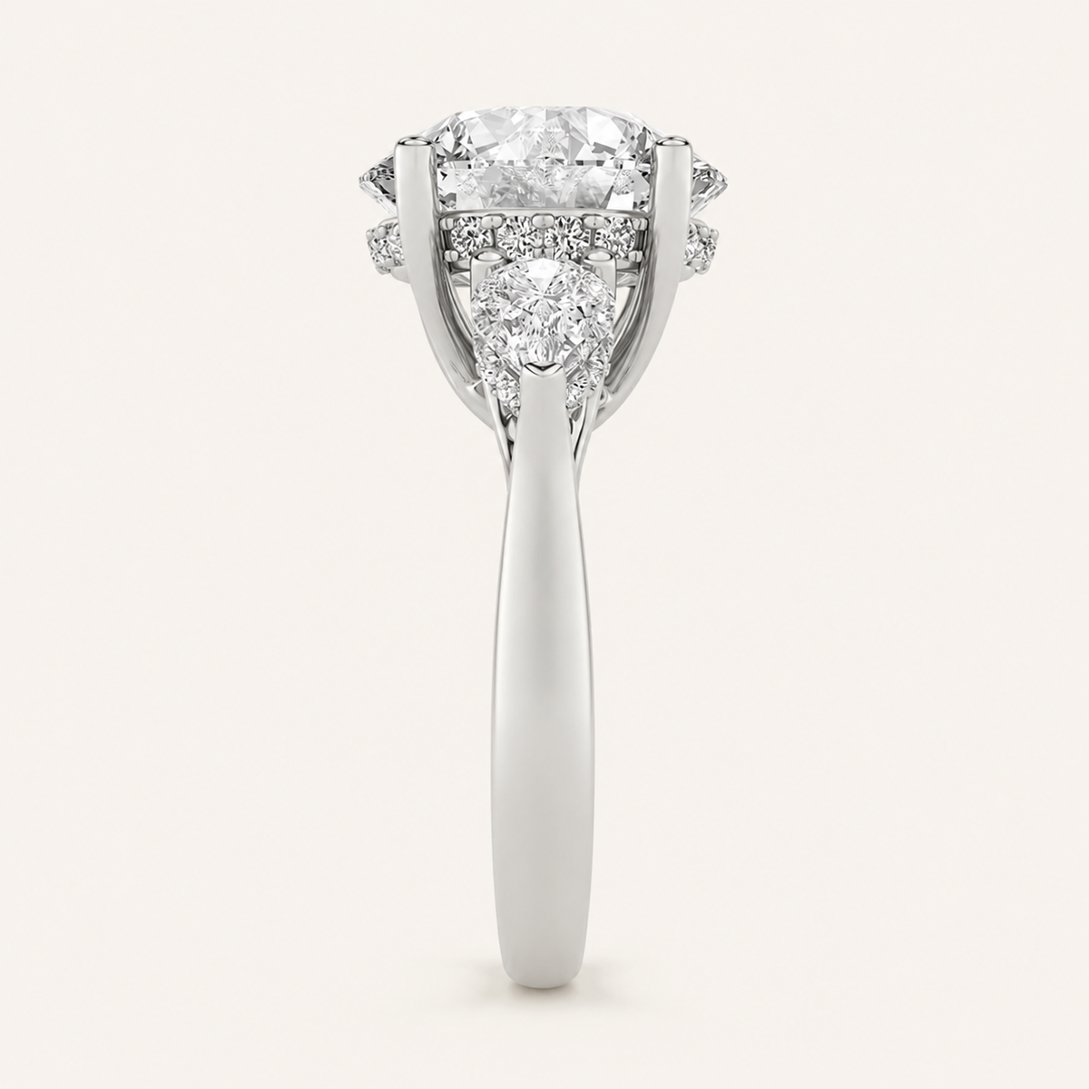 7.25 CT Round Cut Lab Grown Diamond Three Stone Side Stone Bold Accented Ring