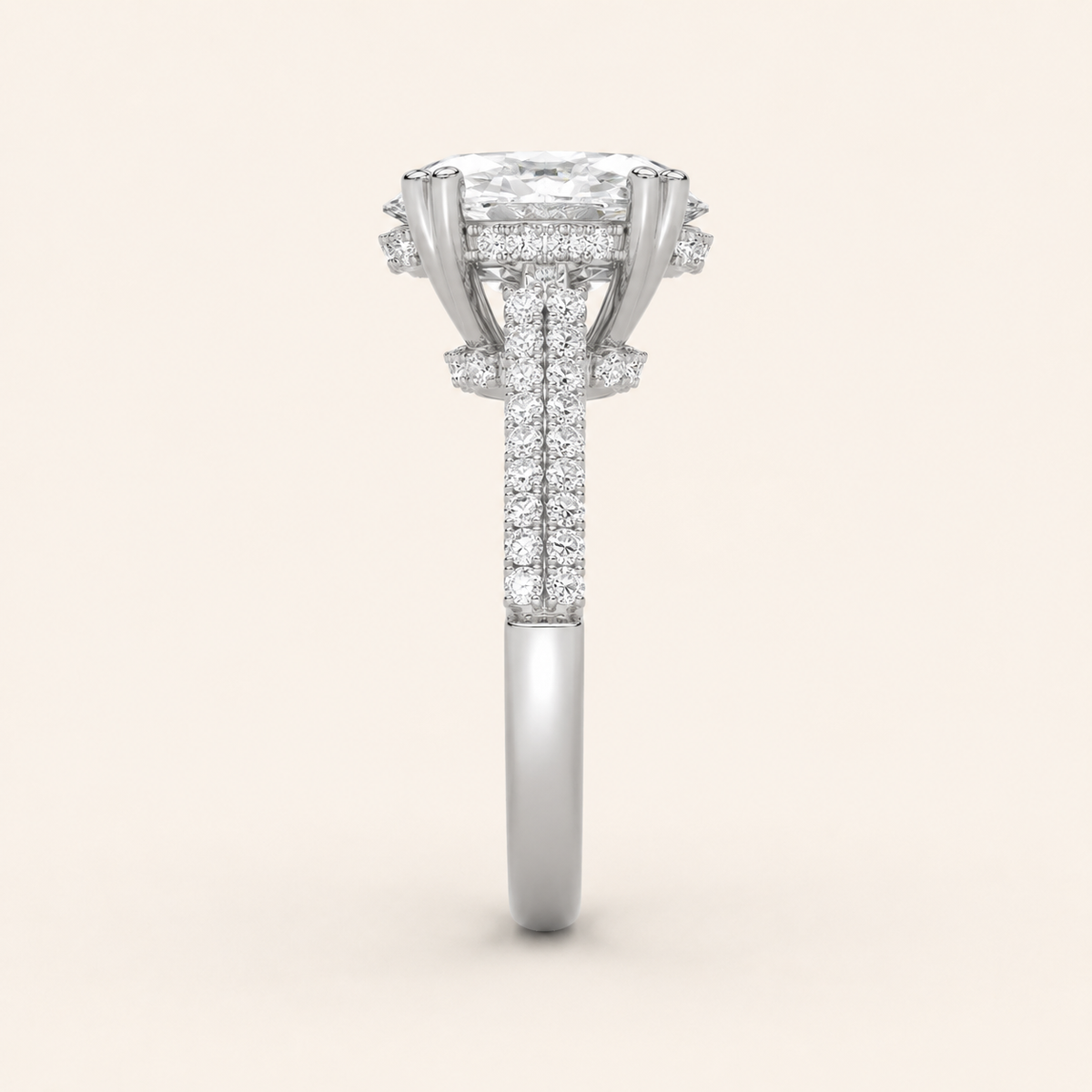 3.00 CT Oval Cut Lab Grown Diamond Triple Row Accented Halo Side Stone Ring