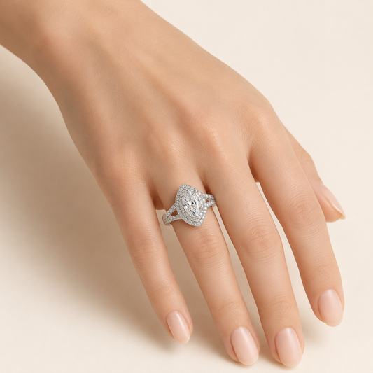 3.00 CT Marquise Cut Lab Grown Diamond Three Row Accented Halo Side Stone Ring