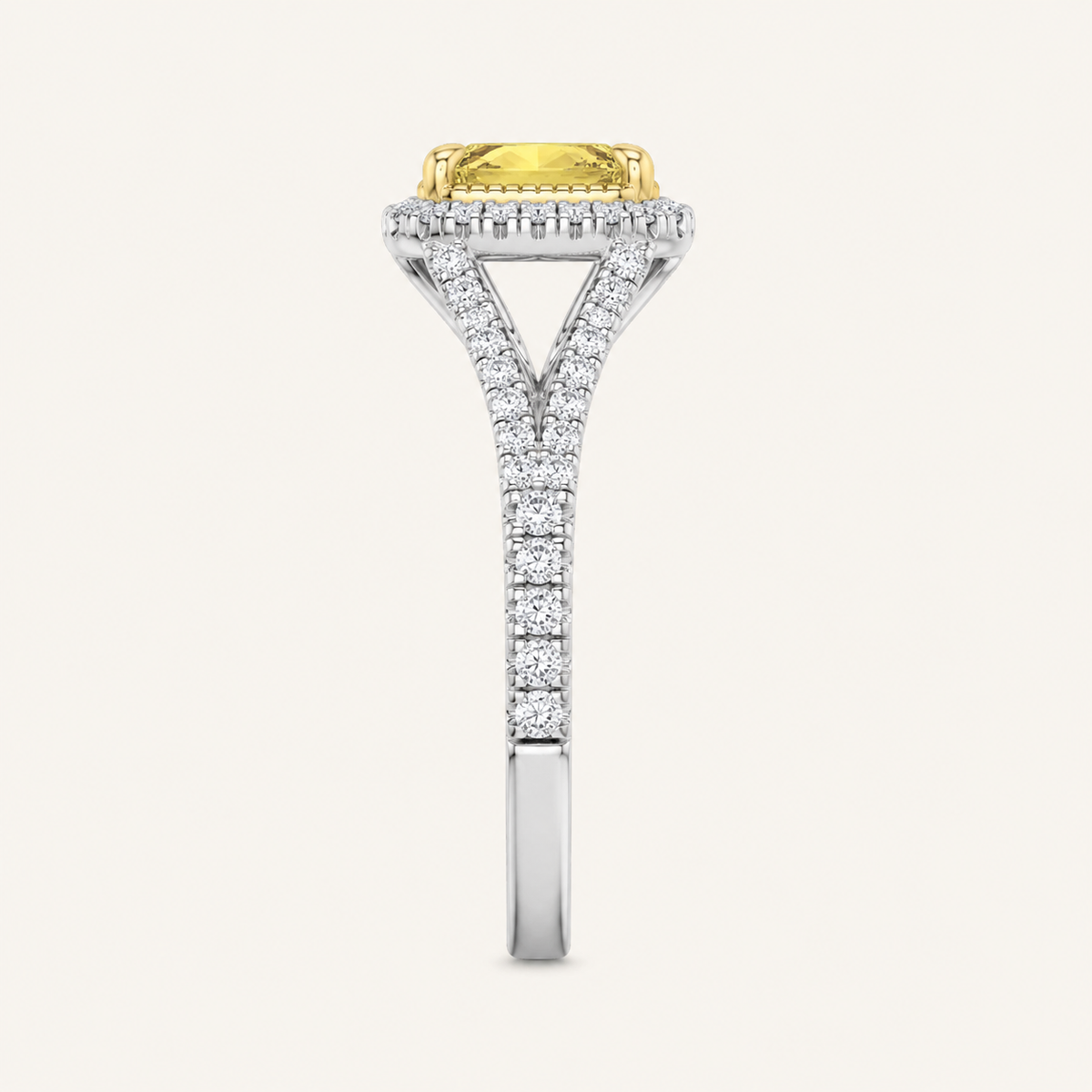 2.5CT Radiant Cut Fancy Yellow Lab Grown Diamond Split Shank Halo Side Stone Ring
