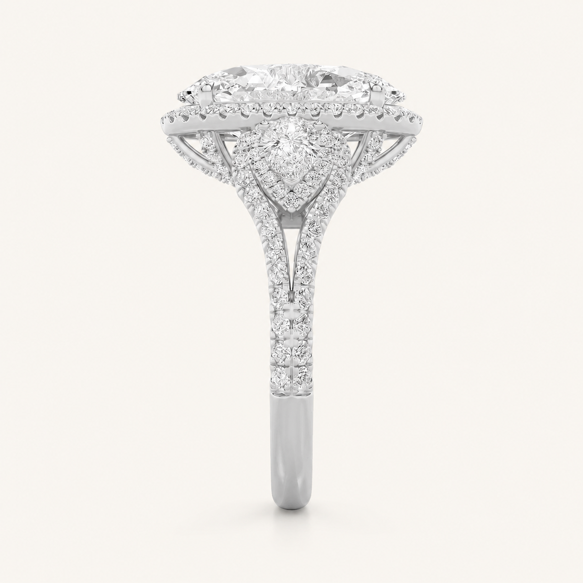 7.25CT Oval Cut Lab Grown Diamond Bold Accented Halo Three Stone Ring