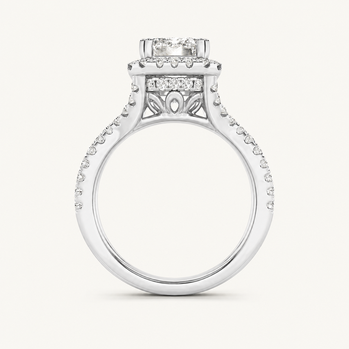 4CT Emerald Cut Lab Grown Diamond Split Shank Halo Side Stone Ring
