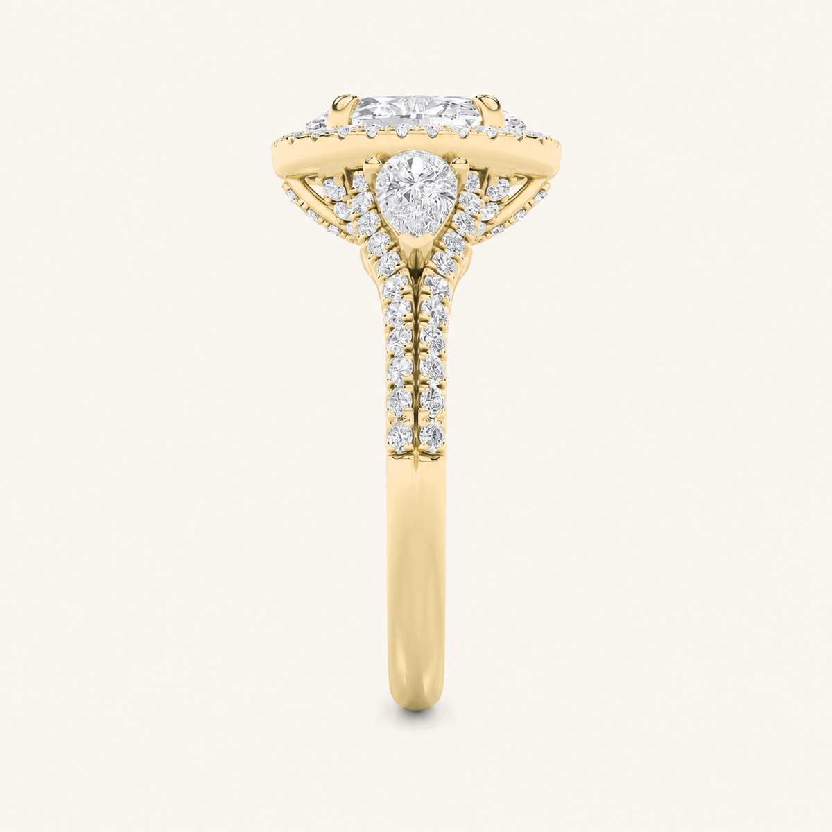 3CT Oval Cut Lab Grown Diamond Three Stone Bold Halo Ring
