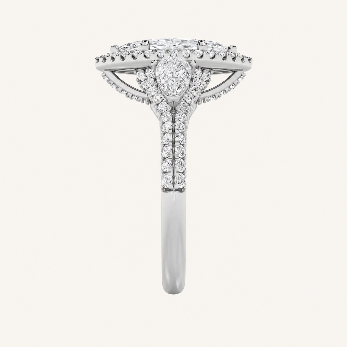 3CT Marquise Cut Lab Grown Diamond Three Stone Bold Halo Ring