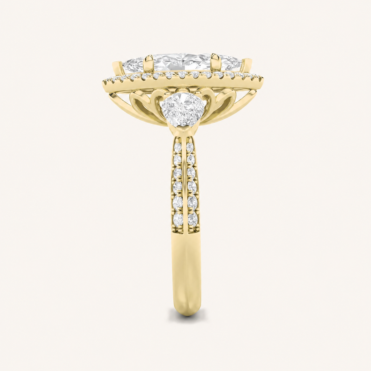 3CT Marquise Cut Lab Grown Diamond Three Stone Halo Ring