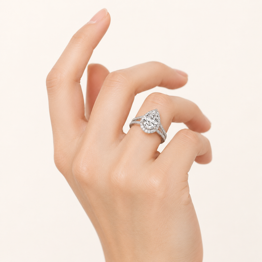 2 CT Pear Cut Lab Grown Diamond Split Shank Halo Side Stone Ring
