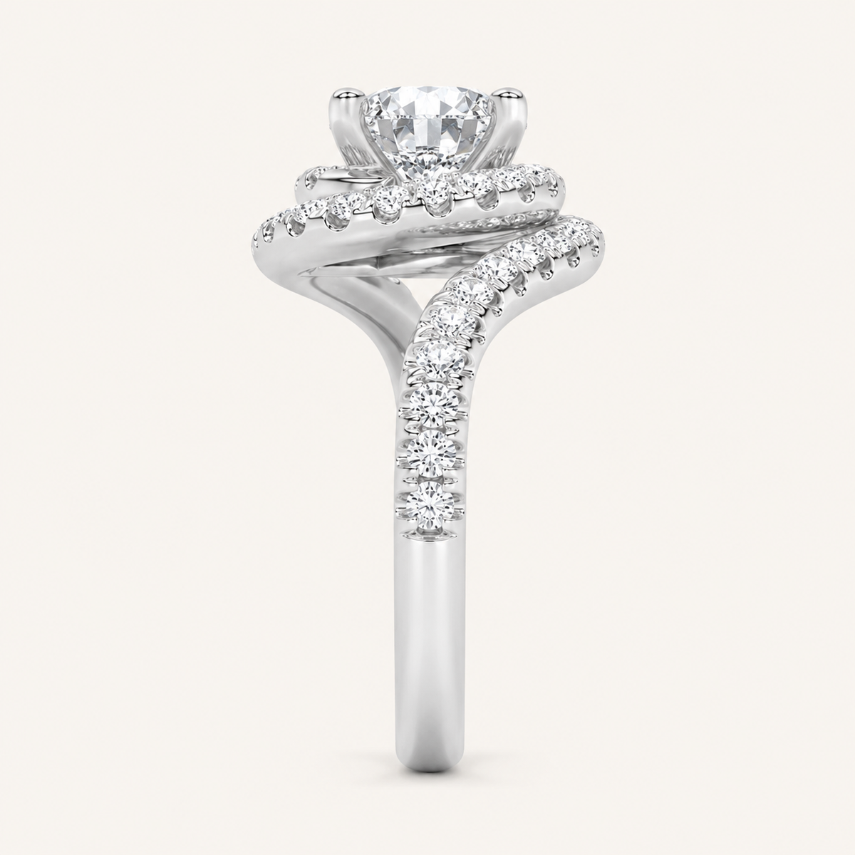 2CT Round Cut Lab Grown Diamond Swirl Accented Halo Side Stone Ring