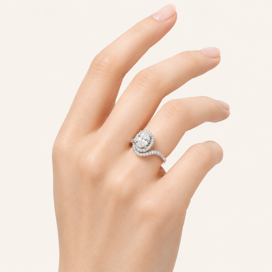 2CT Oval Cut Lab Grown Diamond Swirl Accented Halo Side Stone Ring
