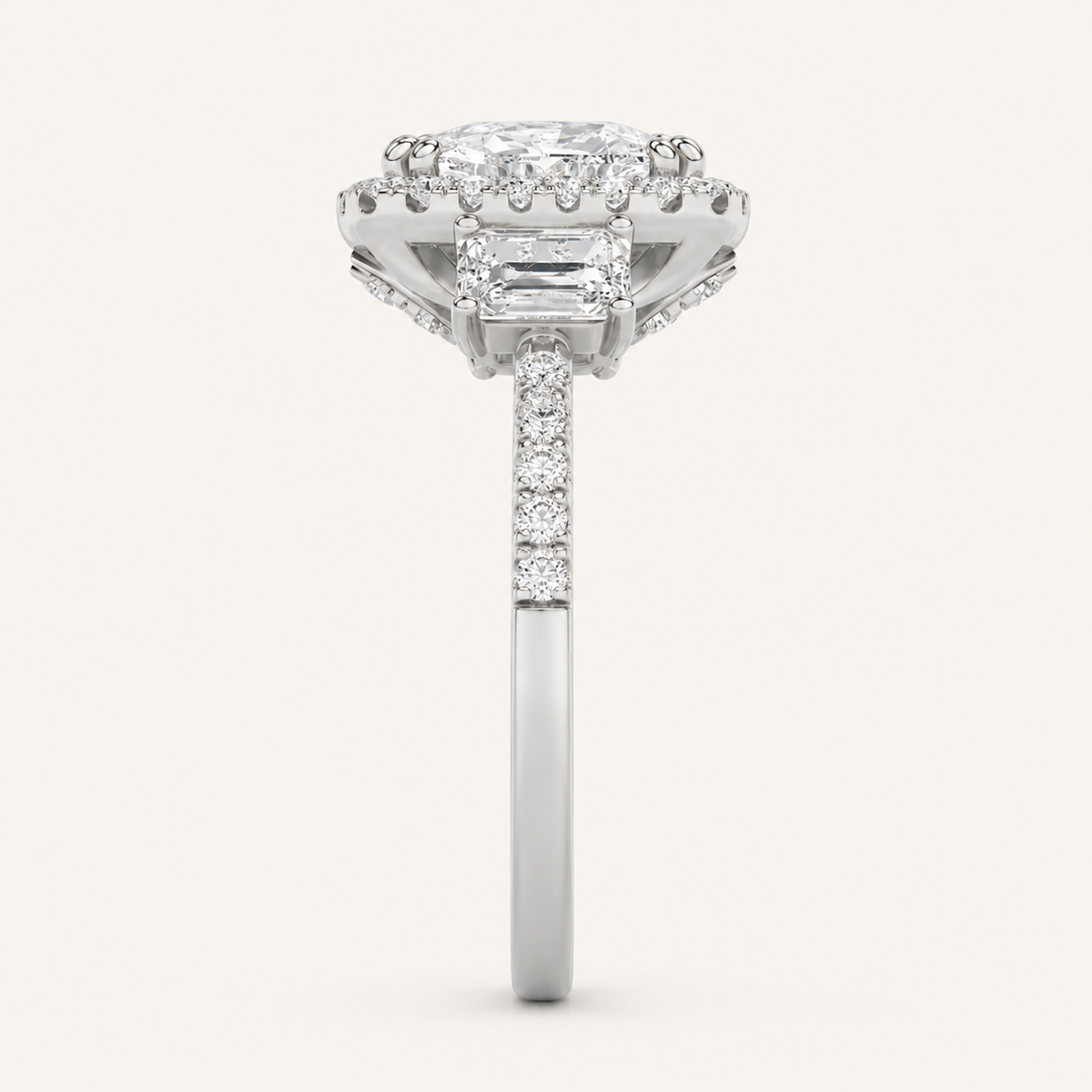 3CT Elongated Cushion Cut Lab Grown Diamond Accented Halo Three Stone Ring