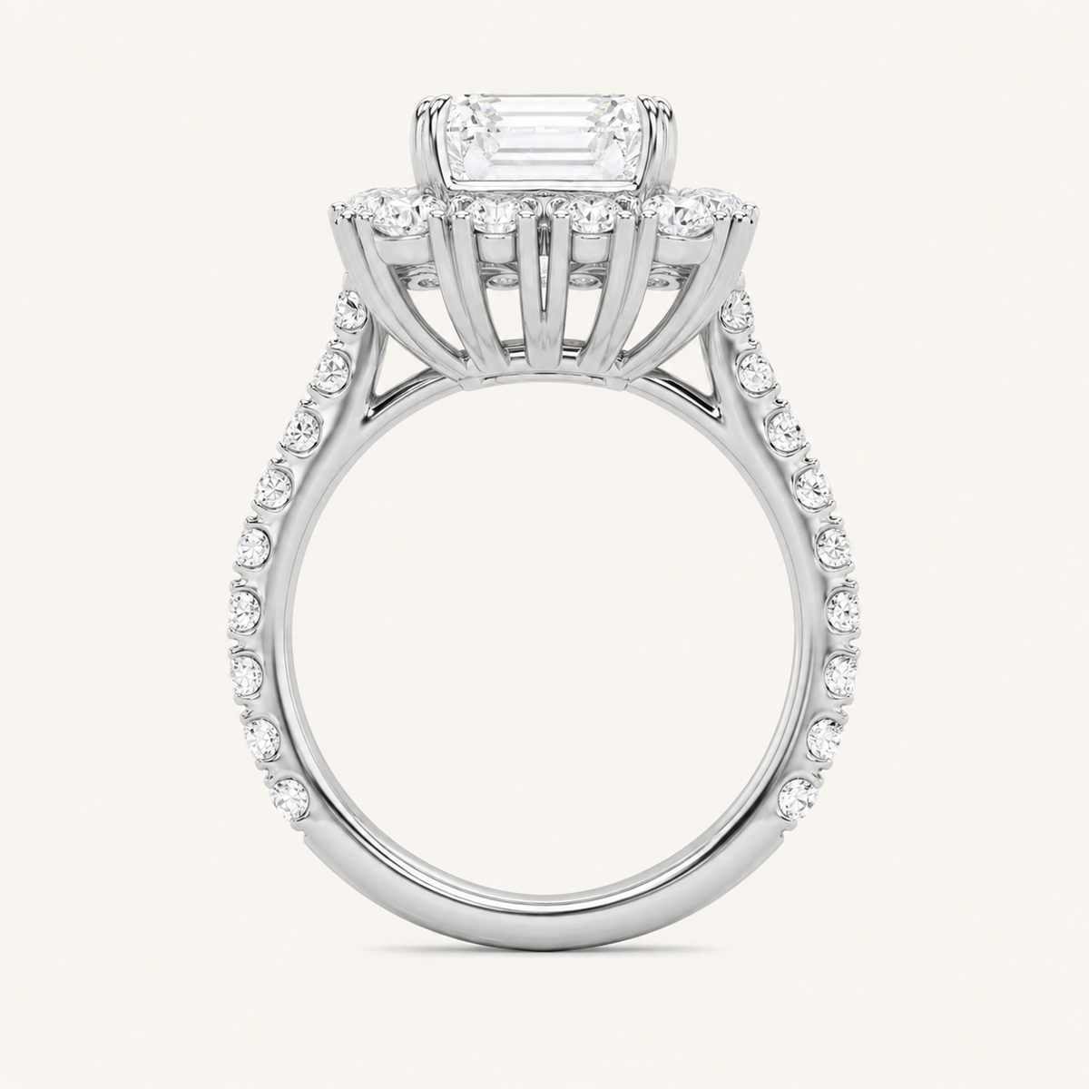 7.25 CT Emerald Cut Lab Grown Diamond Bold Statement Accented Halo Side Stone Ring