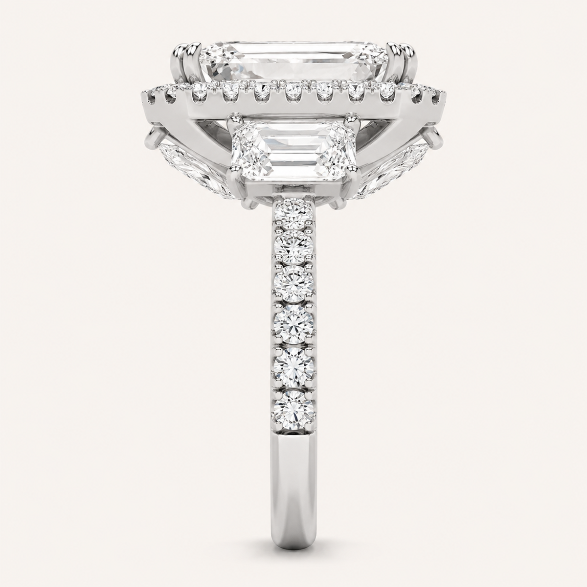 7.00 Ct Emerald Cut Lab Grown Diamond Thee Stone Halo Ring
