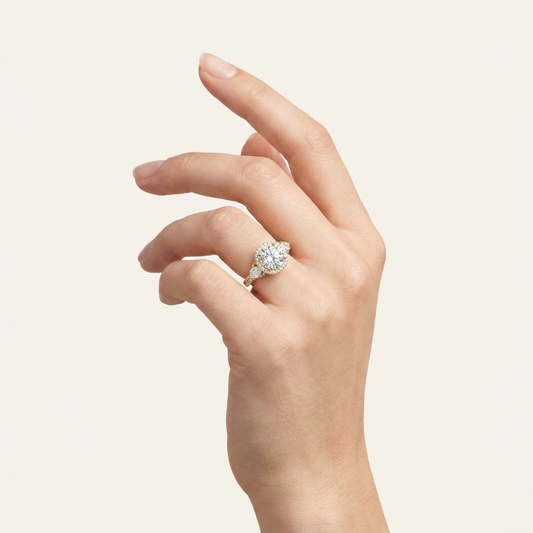 3CT Round Cut Lab Grown Diamond Three Stone Bold Halo Ring