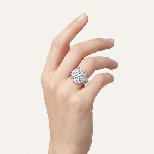 6.4CT Emerald Cut Certified Lab Grown Diamond Halo Side Stone Ring