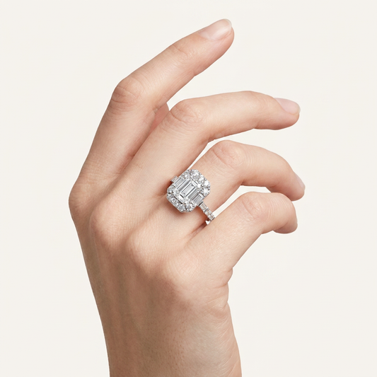 3.87CT Emerald Cut Certified Lab Grown Diamond Halo Side Stone Ring