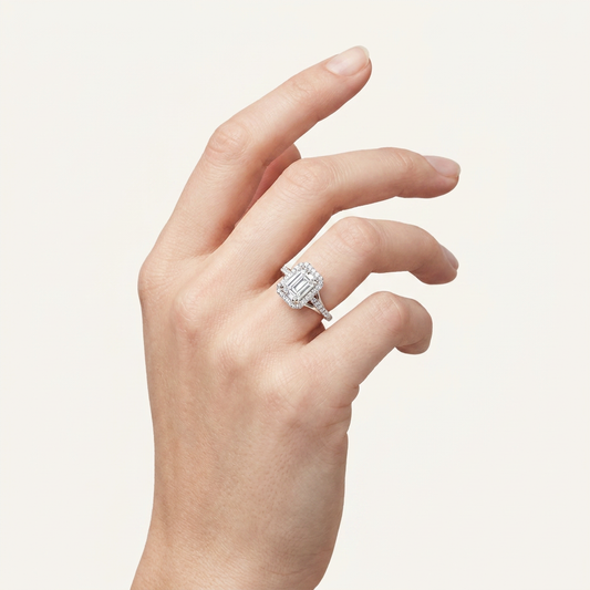 3CT Emerald Cut Lab Grown Diamond Halo Side Stone Ring