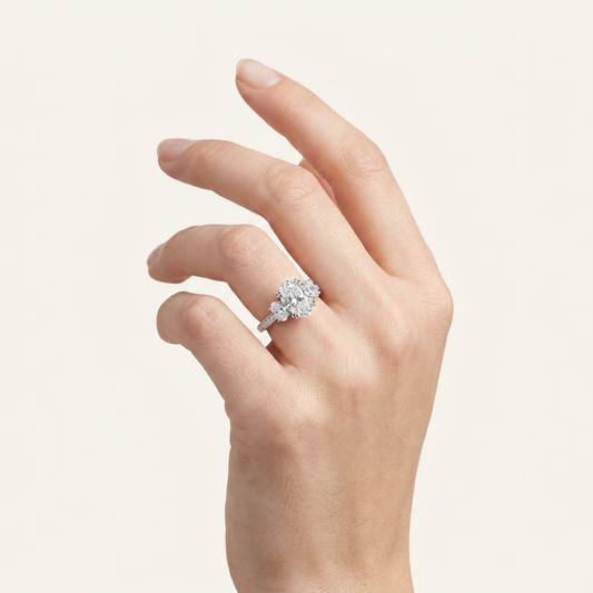 3CT Oval Cut Lab Grown Diamond Three Stone Side Stone Ring