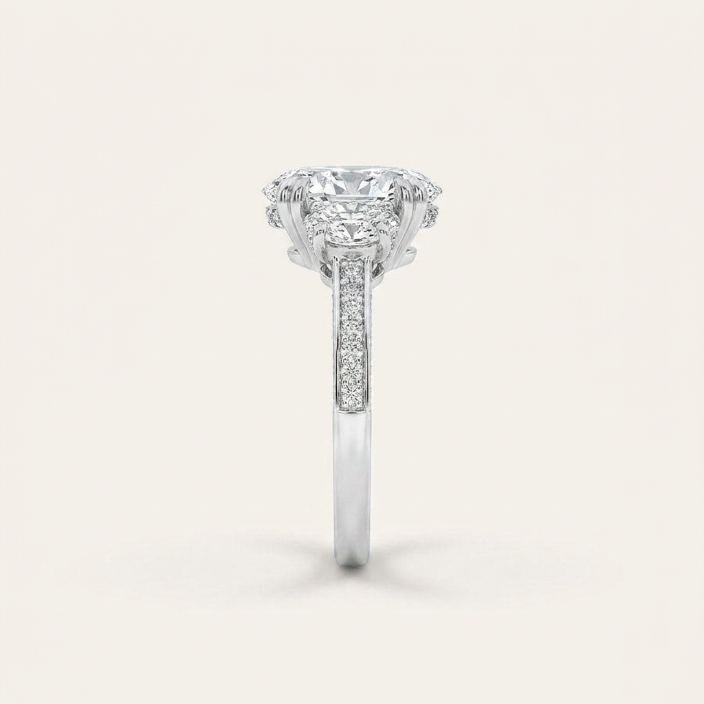 3CT Oval Cut Lab Grown Diamond Three Stone Side Stone Ring