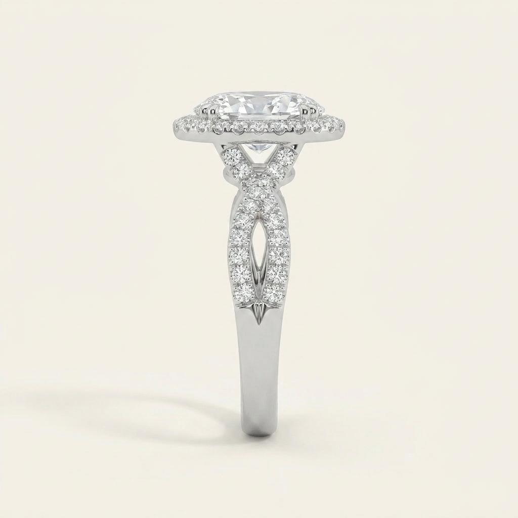 2 CT Oval Cut Lab Grown Diamond Split shank Halo Side Stone Ring