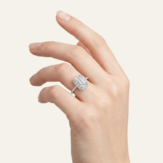 3CT Emerald Cut Lab Grown Diamond Halo Side Stone Ring