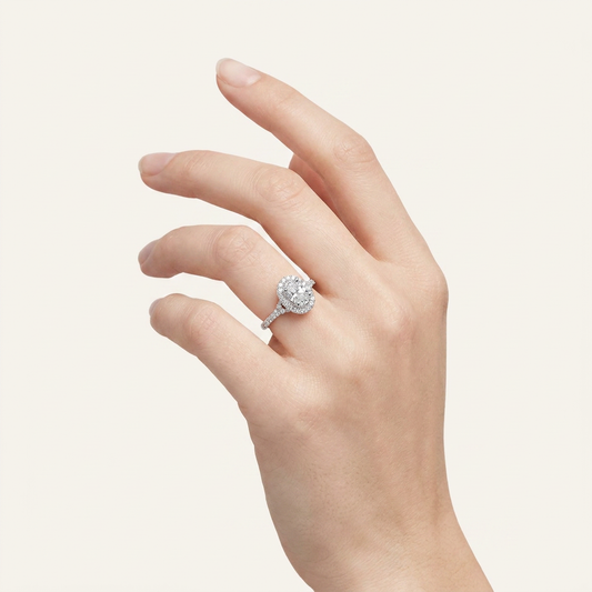 0.52 CT Oval Cut Lab Grown Diamond Halo Side Stone Ring