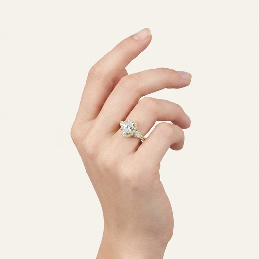 3CT Oval Cut Lab Grown Diamond Three Stone Bold Halo Ring