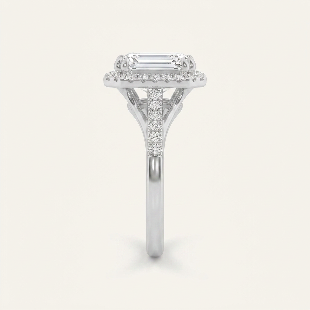 3CT Emerald Cut Lab Grown Diamond Halo Side Stone Ring