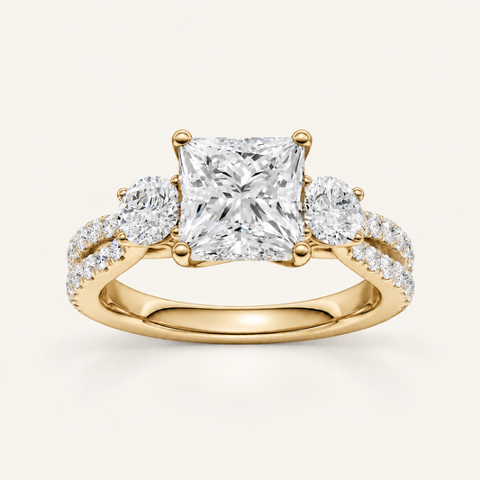 4CT Princess Cut Lab Grown Diamond Hidden Halo Three Stone Ring