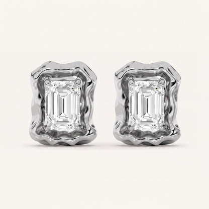 1.5CT Emerald Cut Lab Grown Diamond Organic Design Stud Earrings