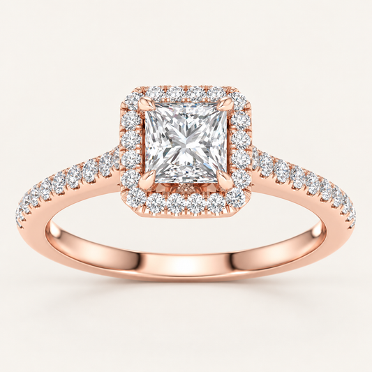 1.25 CT Princess Cut Lab Grown Diamond Halo Side Stone Ring