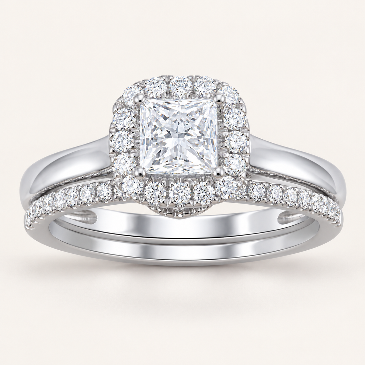 1.16 CT Princess Cut Lab Grown Diamond Halo Bridal Set
