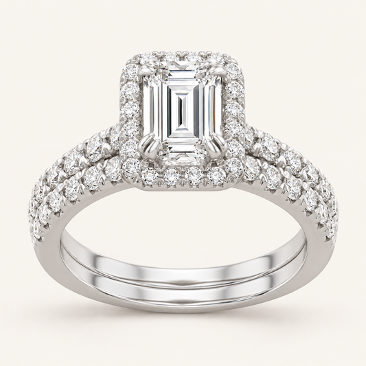 1.78 CT Emerald Cut Lab Grown Diamond Halo Bridal Set