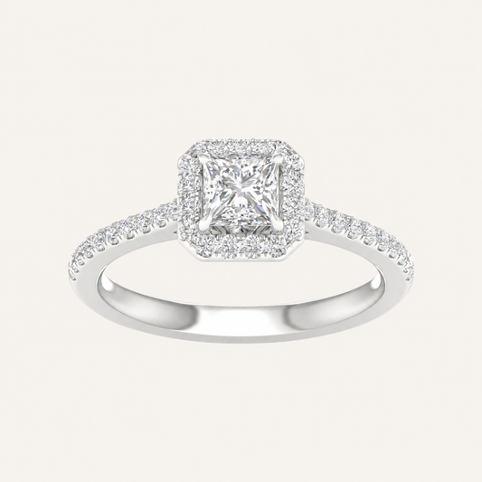 1.00CT Princess Cut Lab Grown Diamond Halo Side Stone Ring