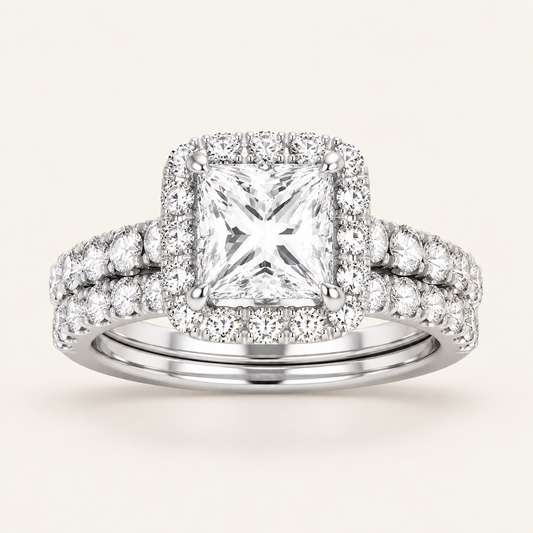 1.65CT Princess Cut Lab Grown Diamond Bridal Halo Set