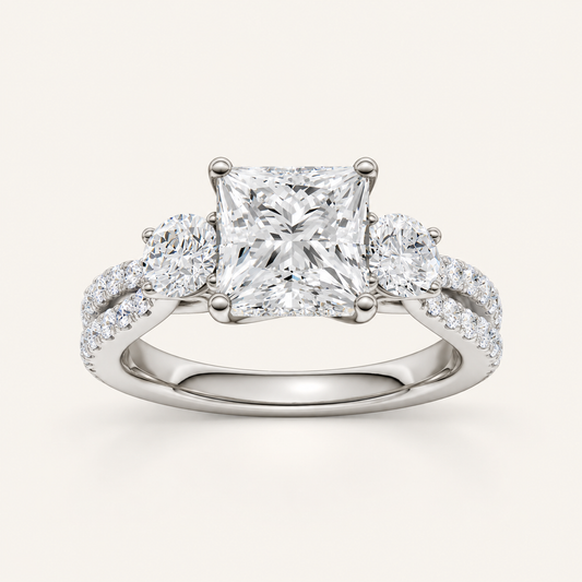4CT Princess Cut Lab Grown Diamond Hidden Halo Three Stone Ring