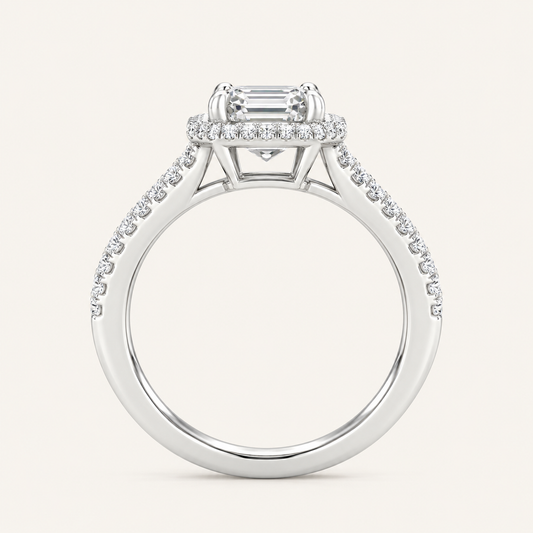 1.25CT Emerald Cut Lab Grown Diamond Halo Side Stone Ring