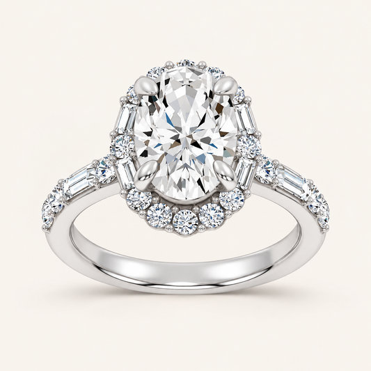 3.82CT Oval Cut Lab Grown Diamond Halo Side Stone Ring