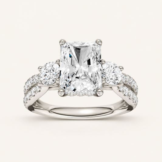 4CT Radiant Cut Lab Grown Diamond Hidden Halo Three Stone Ring