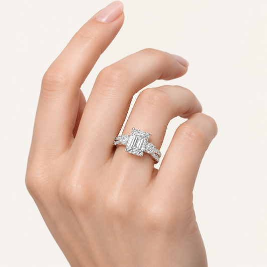 4CT Emerald Cut Lab Grown Diamond Hidden Halo Three Stone Ring