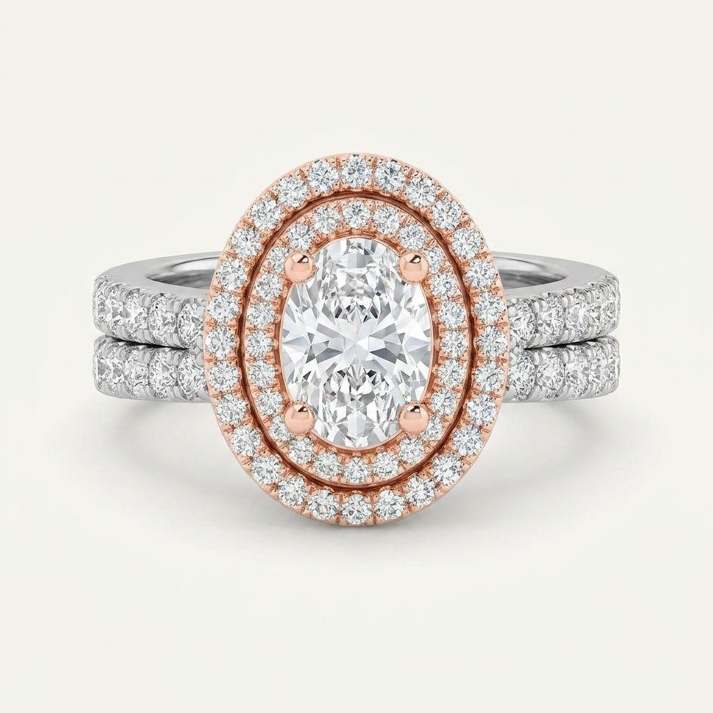 2 CT Oval Cut Lab Grown Diamond Halo Side Stone Ring