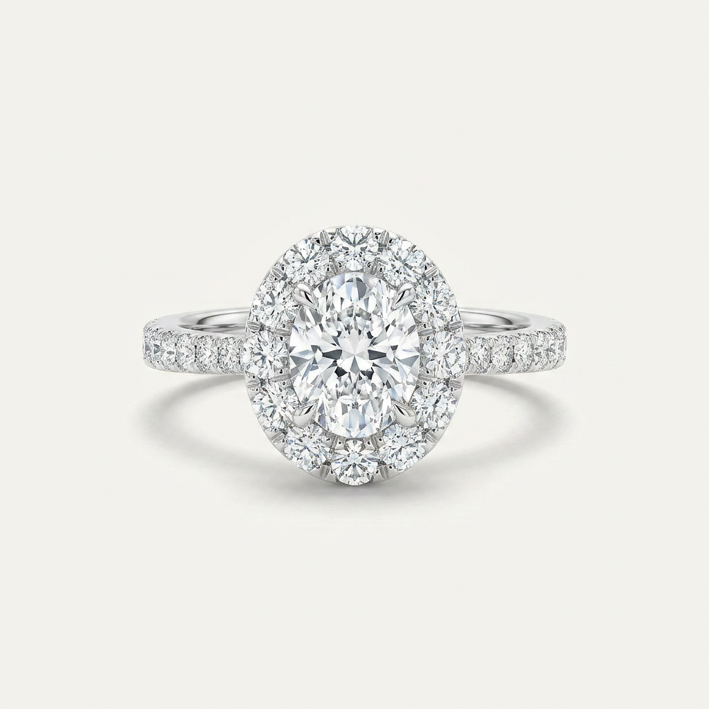 2 CT Oval Lab Grown Diamond Halo Side Stone Ring
