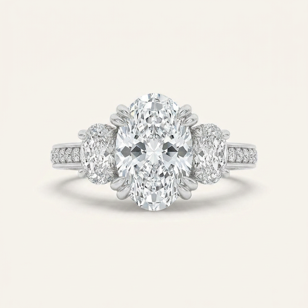 3CT Oval Cut Lab Grown Diamond Three Stone Side Stone Ring