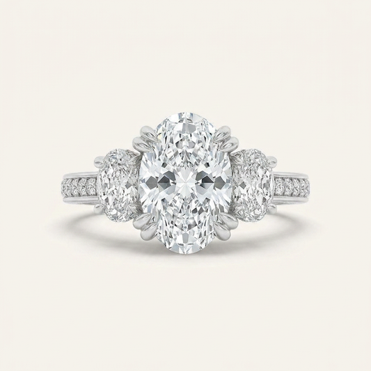 3CT Oval Cut Lab Grown Diamond Three Stone Side Stone Ring
