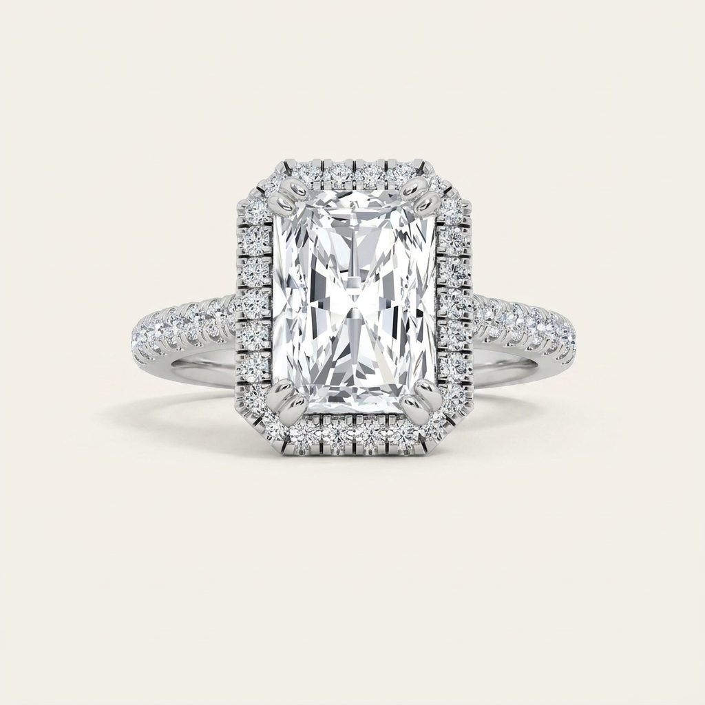 3CT Radiant Cut Lab Grown Diamond Halo Side Stone Ring