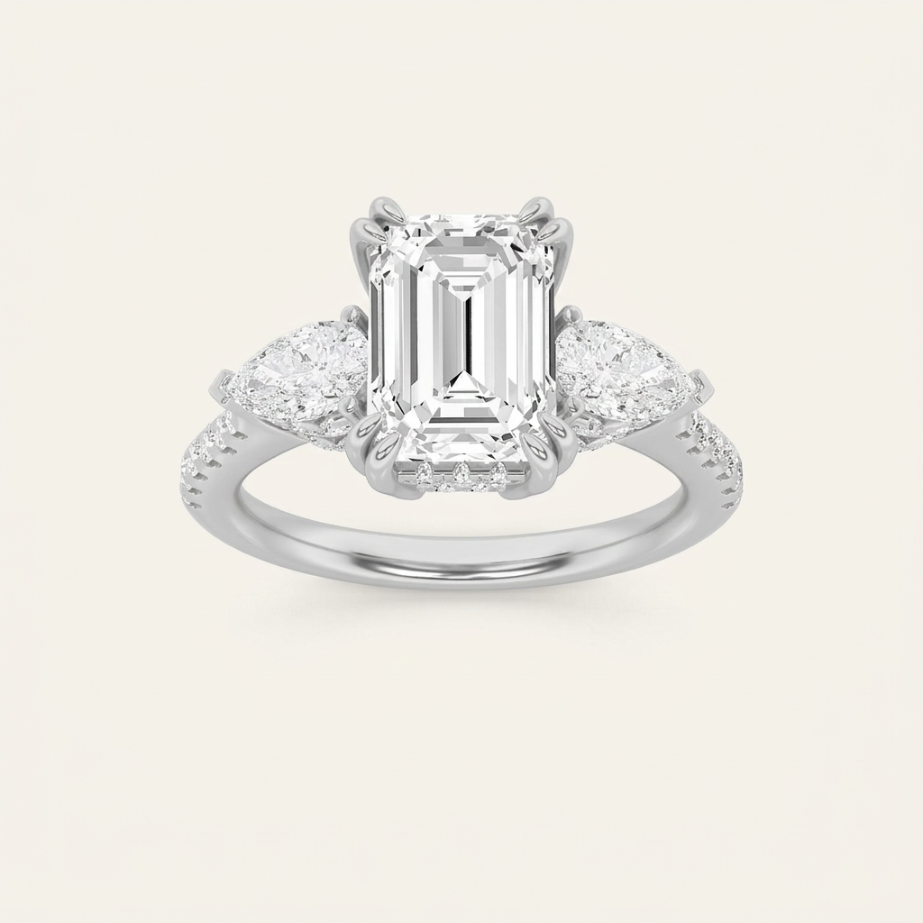 3CT Emerald Cut Lab Grown Diamond Three Stone Side Stone Ring