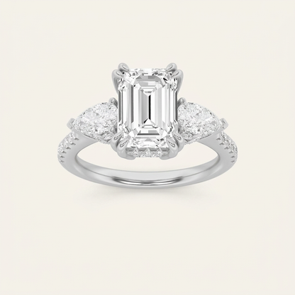 3CT Emerald Cut Lab Grown Diamond Three Stone Side Stone Ring