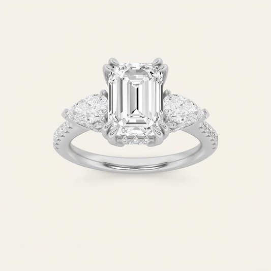 3CT Emerald Cut Lab Grown Diamond Three Stone Side Stone Ring