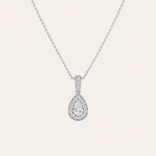 0.75CT Pear Cut Lab Grown Diamond Halo Pendant Necklace