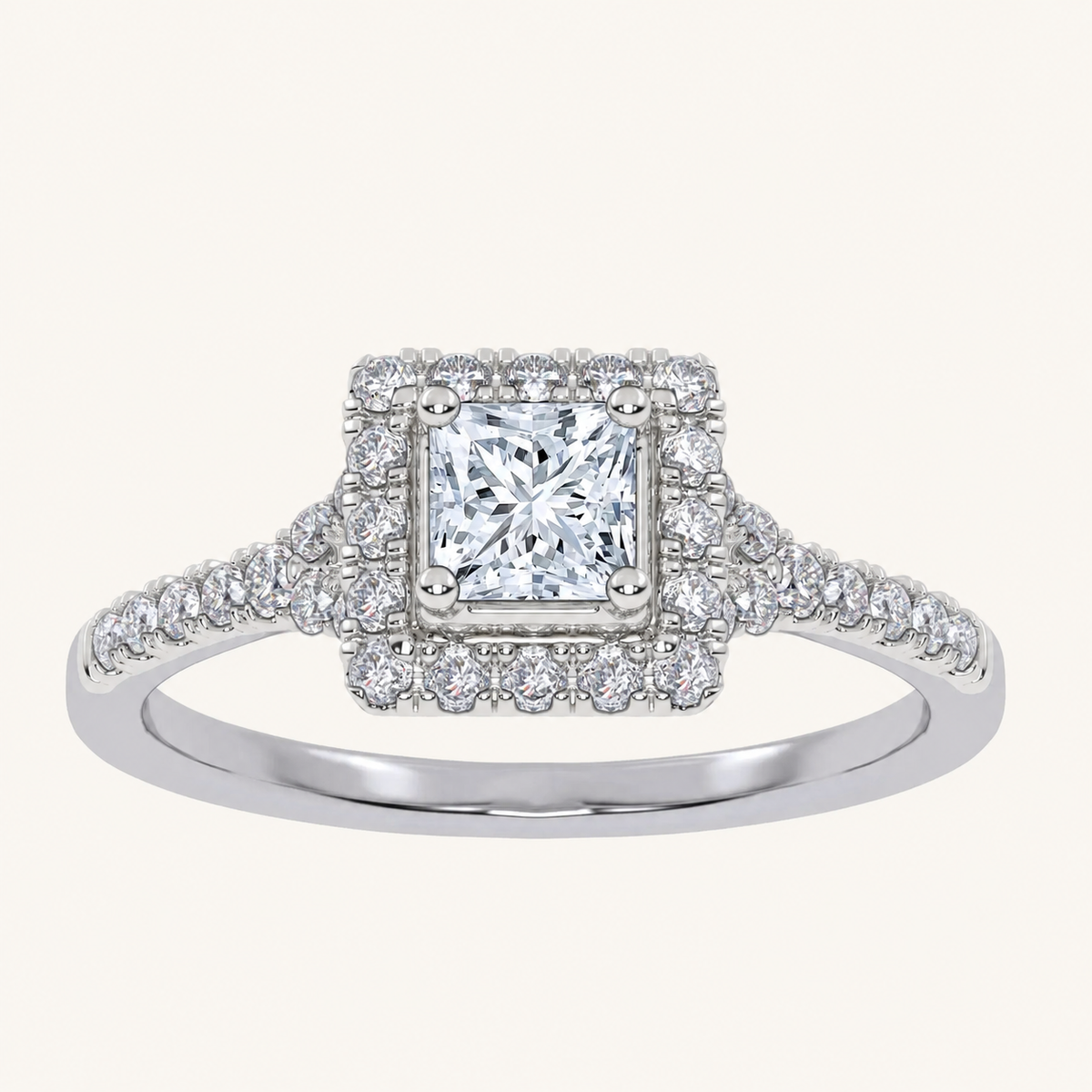 0.50 CT Princess Cut Lab Grown Diamond Halo Side Stone Ring